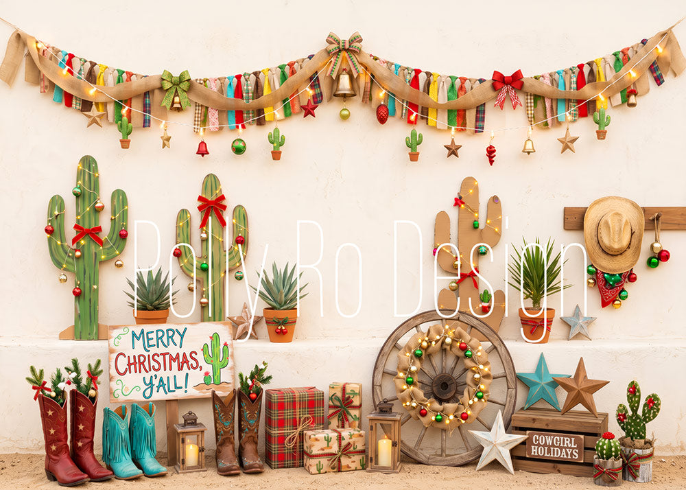 Avezano Cowgirl Cactus Christmas Photography Backdrop Designed By Polly Ro Design