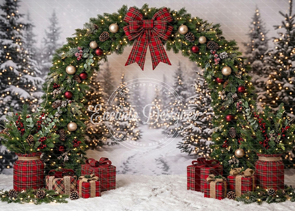 Avezano Plaid Bow Snowy Pine Arch Christmas Photography Background By Encanto Designer