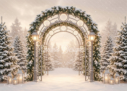 Avezano Vintage Street Lamp Snow Forest Arch Christmas Photography Background By Encanto Designer