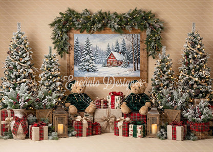 Avezano Framed Winter Cabin Twin Teddy Xmas Photography Background By Encanto Designer
