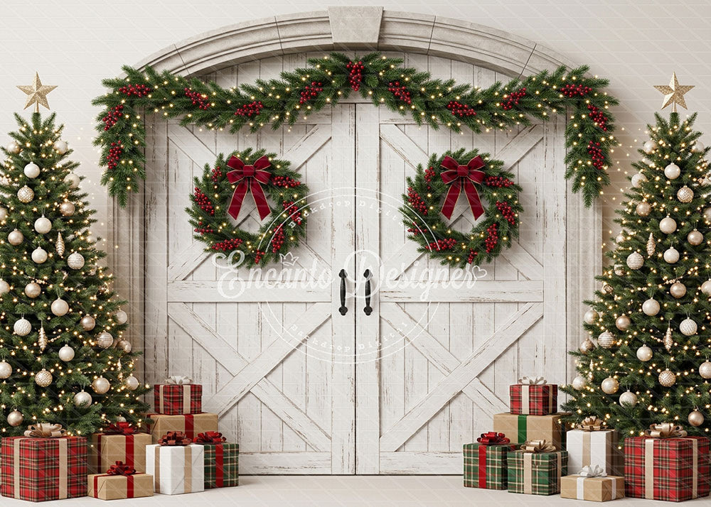Avezano White Wooden Barn Door Xmas Photography Background By Encanto Designer