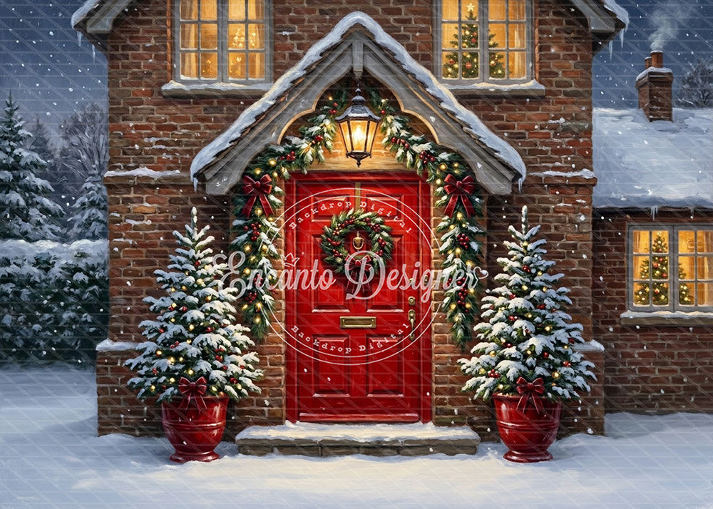 Avezano Small Red Brick House Christmas Photography Background By Encanto Designer