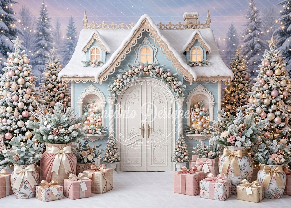 Avezano Pastel Blue Cottage Christmas Photography Background By Encanto Designer