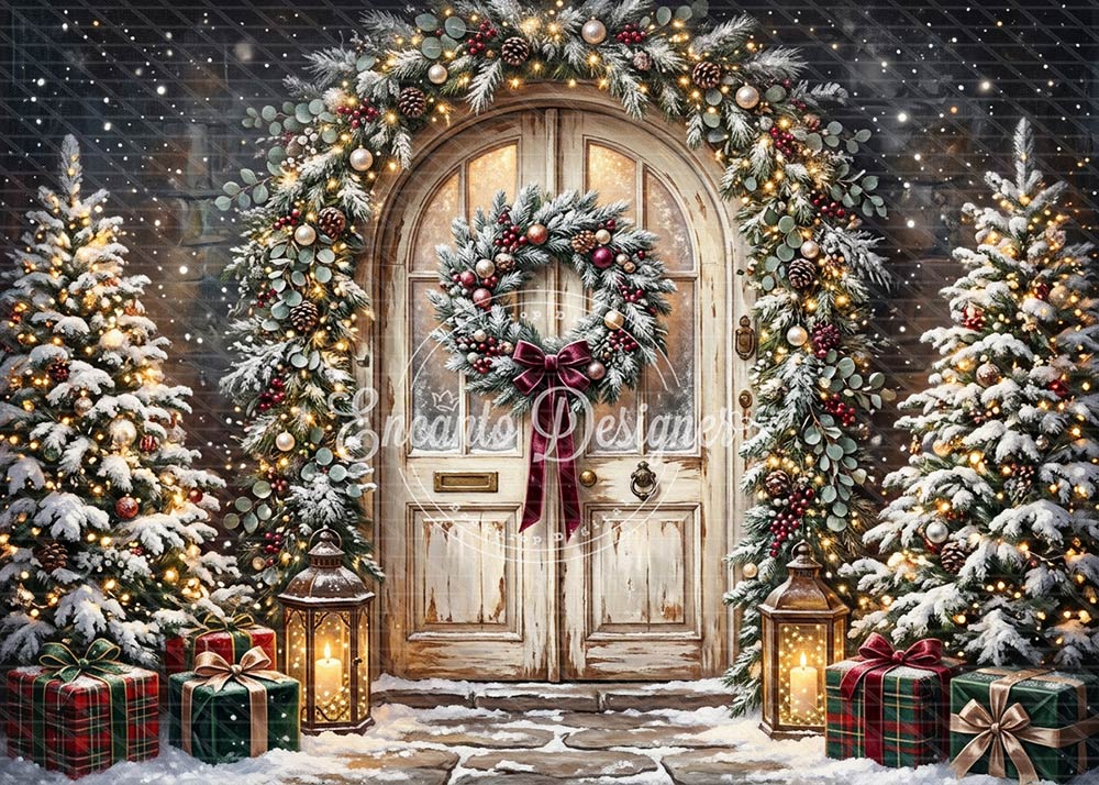 Avezano Vintage White Door Wreath Christmas Photography Background By Encanto Designer