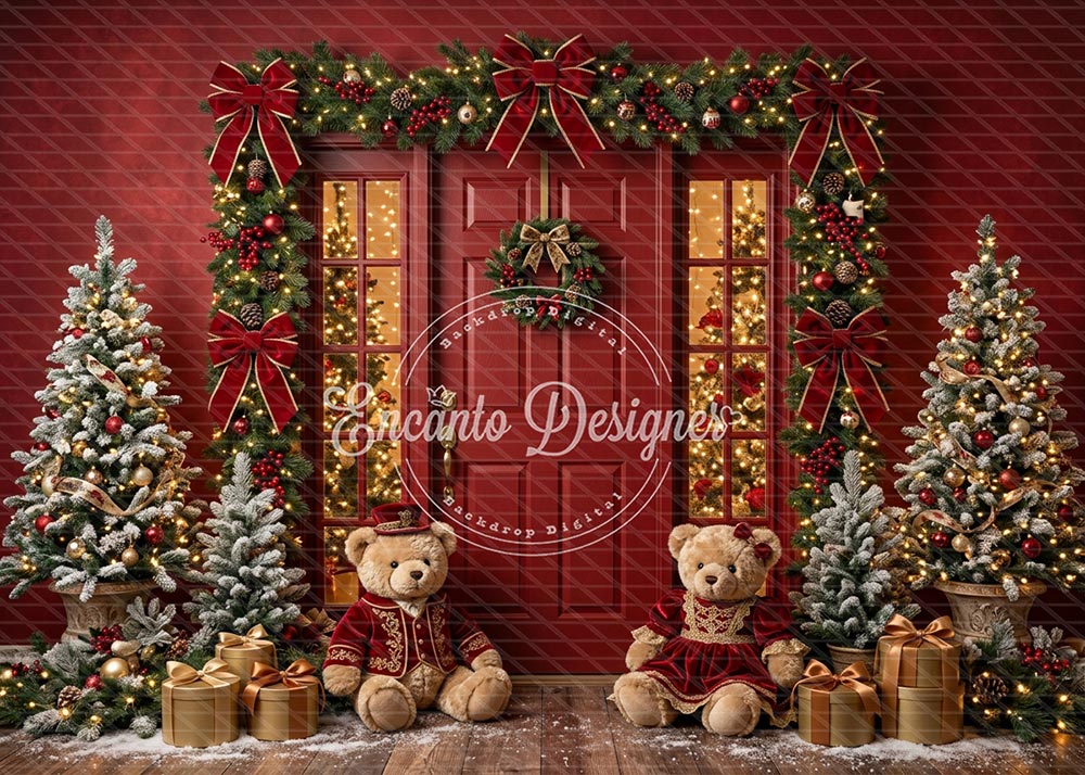 Avezano Red Door Teddy Bear Xmas Photography Background By Encanto Designer