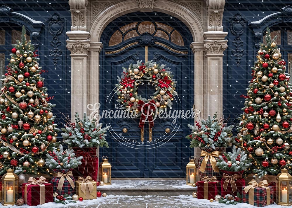 Avezano Dark Blue Classic Door Christmas Photography Background By Encanto Designer