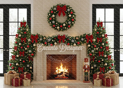 Avezano Nutcracker Red Bow Fireplace Xmas Photography Background By Encanto Designer