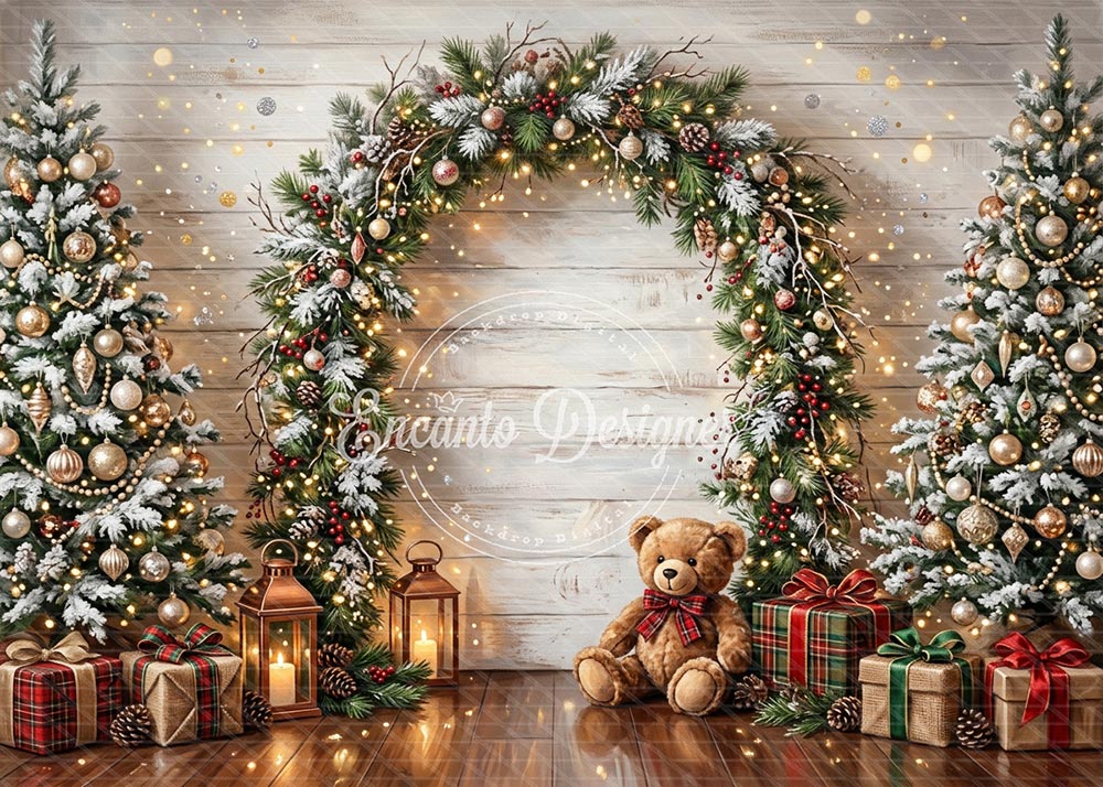 Avezano Wood Arch Teddy Bear Christmas Photography Background By Encanto Designer