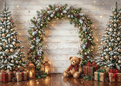 Avezano Wood Arch Teddy Bear Christmas Photography Background By Encanto Designer