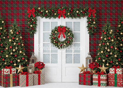 Avezano Red Plaid White Door Xmas Photography Background By Encanto Designer