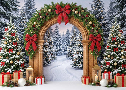 Avezano Wood Arch Plaid Bow Forest Christmas Photography Background By Encanto Designer