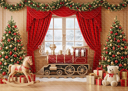 Avezano Red Curtain Toy Train Xmas Photography Background By Encanto Designer