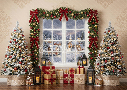 Avezano Red Bow Village Window Christmas Photography Background By Encanto Designer