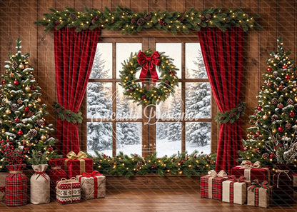 Avezano Red Curtain Wreath Window Xmas Photography Background By Encanto Designer