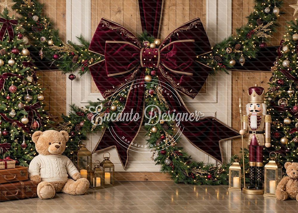 Avezano Burgundy Bow Teddy Nutcracker Christmas Photography Background By Encanto Designer