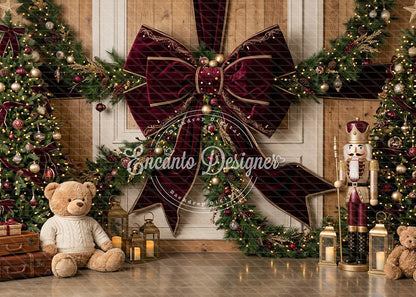 Avezano Burgundy Bow Teddy Nutcracker Christmas Photography Background By Encanto Designer