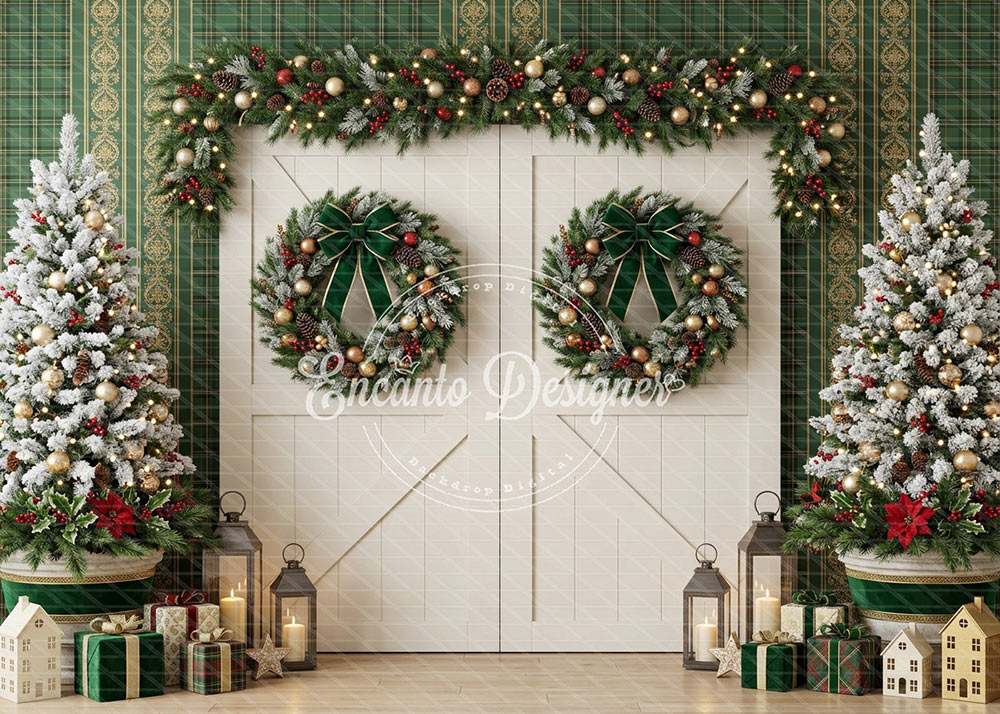 Avezano Green Plaid Barn Door Christmas Photography Background By Encanto Designer