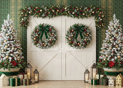 Avezano Green Plaid Barn Door Christmas Photography Background By Encanto Designer