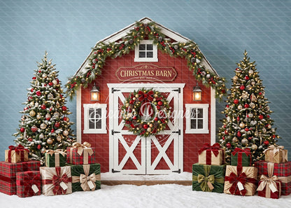 Avezano Red Barn Snowy Xmas Photography Background By Encanto Designer
