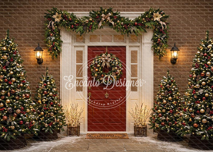 Avezano Brick Red Front Door Christmas Photography Background By Encanto Designer