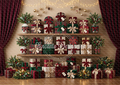 Avezano Plaid Gift Shelf Xmas Photography Background By Encanto Designer