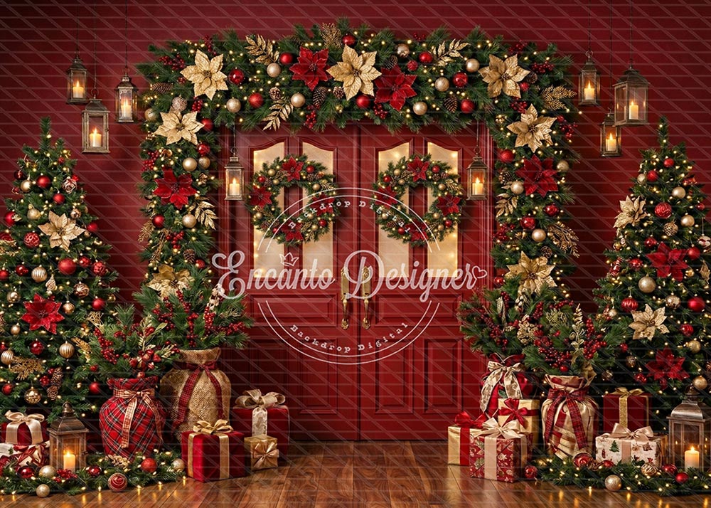 Avezano Red Door Poinsettia Christmas Photography Background By Encanto Designer