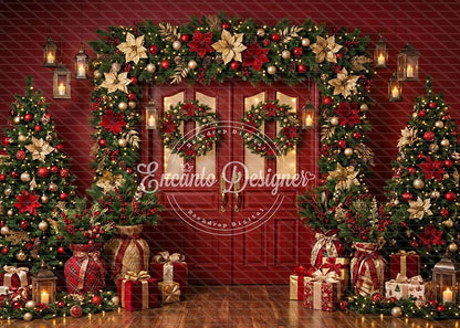 Avezano Red Door Poinsettia Christmas Photography Background By Encanto Designer