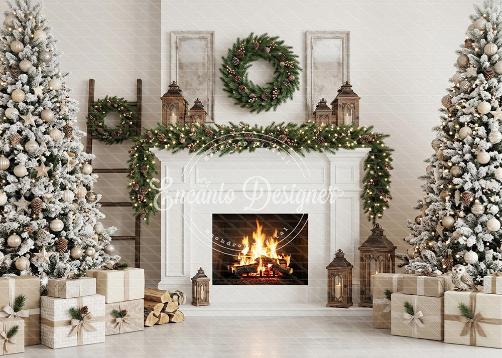Avezano White Fireplace Wreath Christmas Photography Background By Encanto Designer