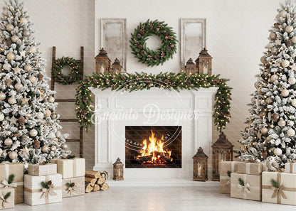 Avezano White Fireplace Wreath Christmas Photography Background By Encanto Designer