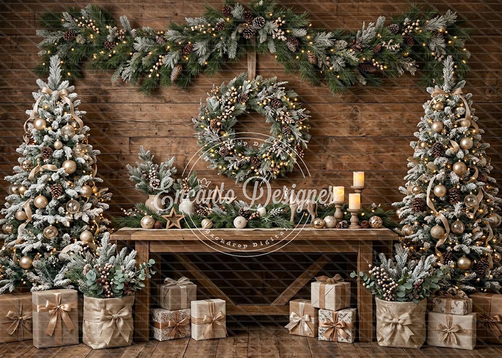Avezano Flocked Tree Rustic Table Xmas Photography Background By Encanto Designer