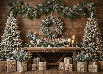 Avezano Flocked Tree Rustic Table Xmas Photography Background By Encanto Designer