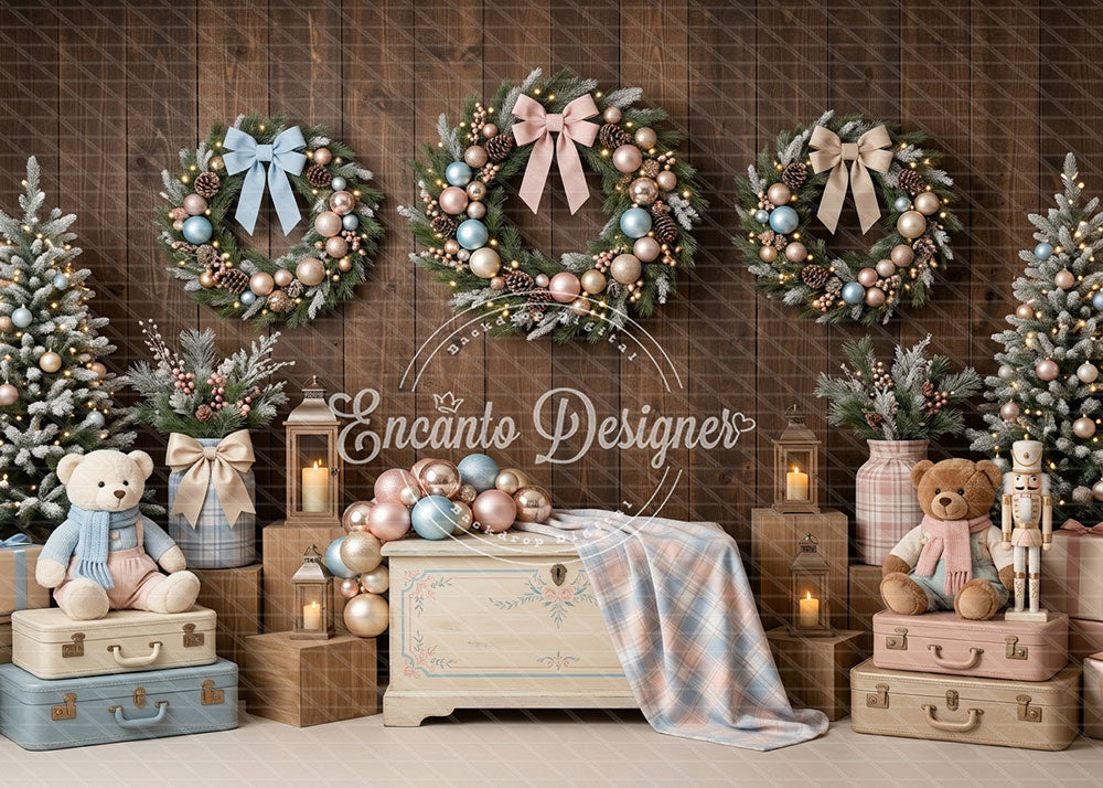 Avezano Pastel Bow Teddy Wood Wall Xmas Photography Background By Encanto Designer