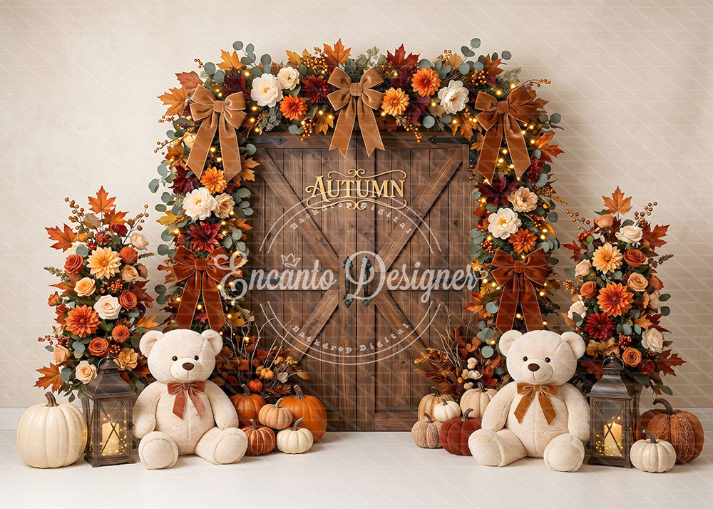 Avezano Wood Barn Bear Autumn Bow Photography Background By Encanto Designer