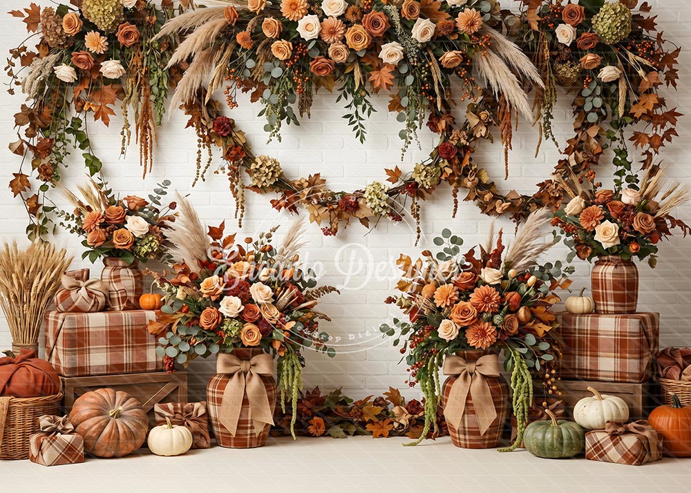 Avezano Plaid Vase White Brick Fall Photography Background By Encanto Designer