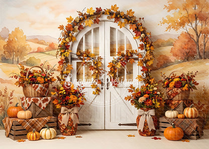 Avezano White Arched Door Watercolor Fall Photography Background By Encanto Designer