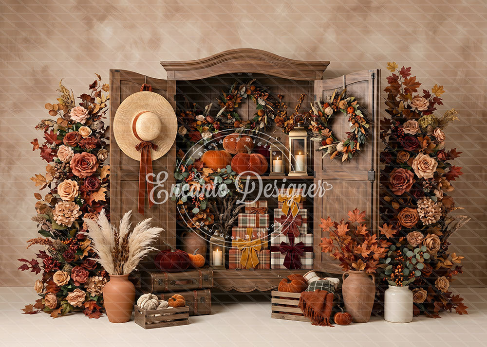 Avezano Open Wood Cabinet Floral Fall Photography Background By Encanto Designer