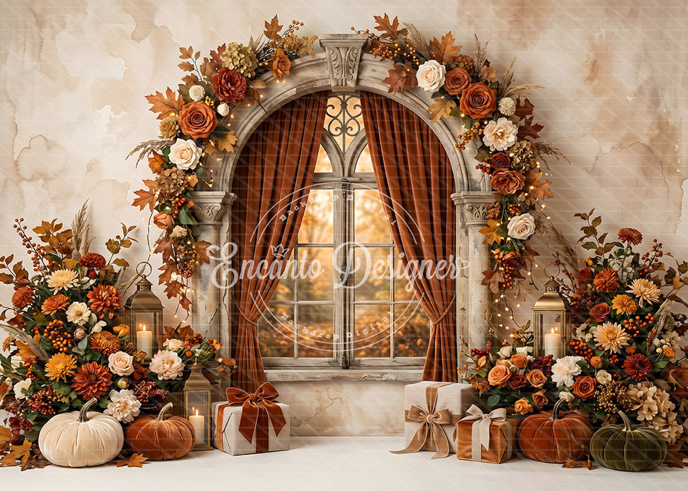 Avezano Vintage Arch Window Pumpkin Photography Background By Encanto Designer