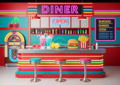 VIP Avezano Retro Neon Diner Restaurant Photography Backdrop Designed By Encanto Designer