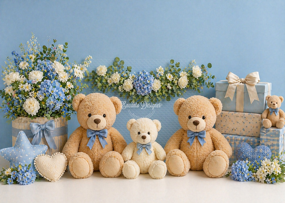 Avezano Blue Teddy Bear Floral Photography Background By Encanto Designer