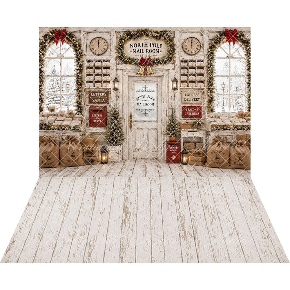 Avezano North Pole Mail Room Vintage White Wood Christmas 2 pcs Set Backdrop Designed By Enchanted Design Studio