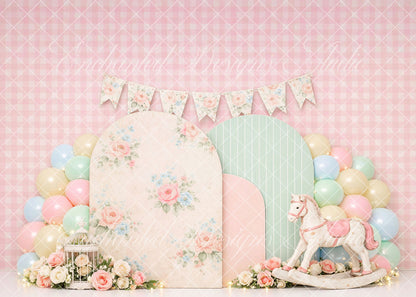 Avezano Pink Gingham Rocking Horse Backdrop Designed By Enchanted Design Studio