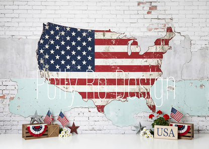 Avezano Vintage USA Map Brick Photography Backdrop Designed By Polly Ro Design
