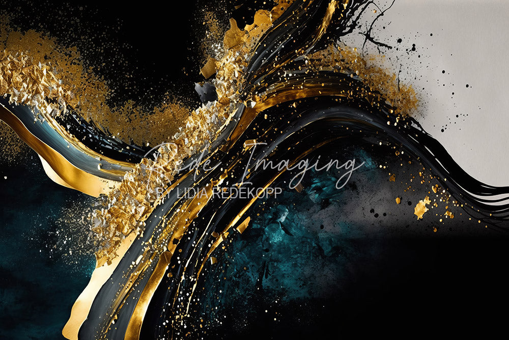 Avezano Dark Teal Gold Swirl Paint Photography Backdrop Designed By Lidia Redekopp