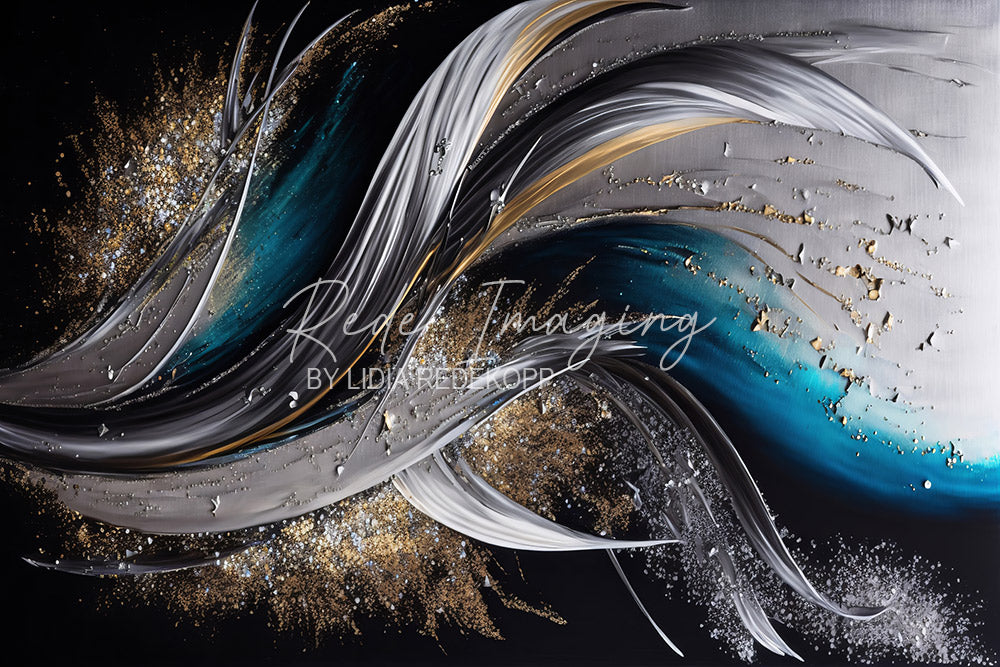 Avezano Teal Silver Gold Wave Art Photography Backdrop Designed By Lidia Redekopp
