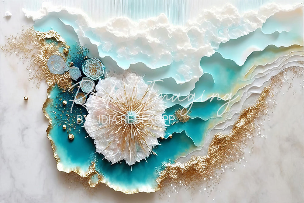 Avezano Teal White 3D Ocean Floral Resin Photography Backdrop Designed By Lidia Redekopp