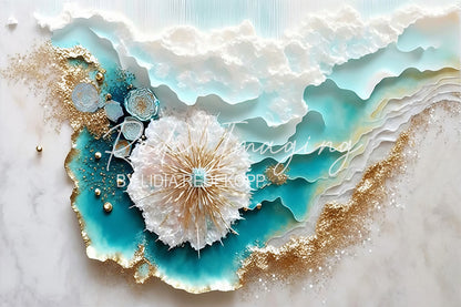 Avezano Teal White 3D Ocean Floral Resin Photography Backdrop Designed By Lidia Redekopp
