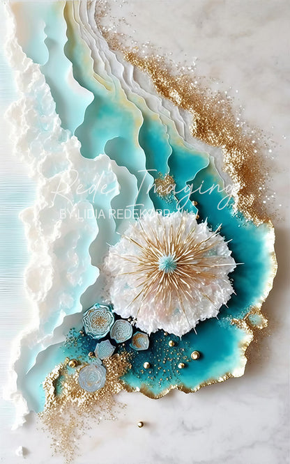 Avezano Teal White 3D Ocean Floral Resin Photography Backdrop Designed By Lidia Redekopp