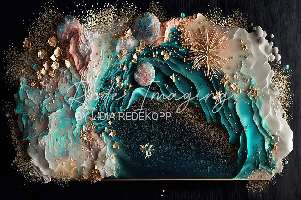 Avezano Teal Planet Gold Wave Abstract Photography Backdrop Designed By Lidia Redekopp