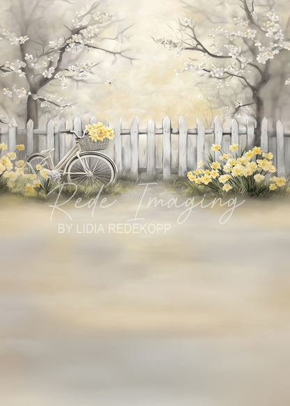 Avezano Vintage Bike Daffodil White Fence Spring Photography Backdrop Designed By Lidia Redekopp