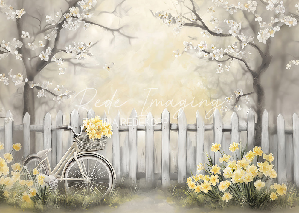 Avezano Vintage Bike Daffodil White Fence Spring Photography Backdrop Designed By Lidia Redekopp